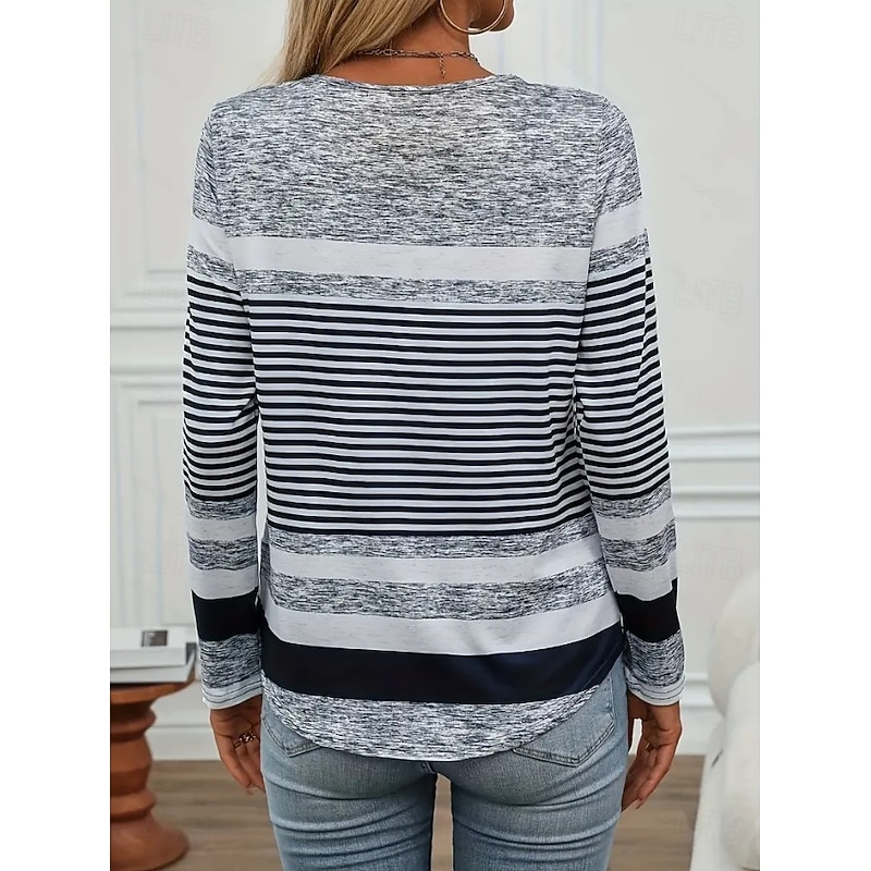 Women's T Shirt Graphic Geometric Vintage Stylish Classic Long Sleeve Crew Neck V Neck Regular Tops Daily Buttons Print Asymmetrical Gray Spring Fall2