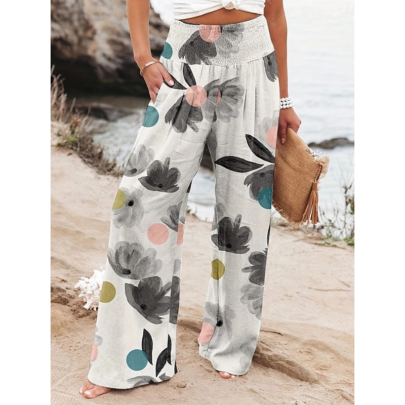 Women's Cotton Linen Pants Wide Leg Chinos Vacation Fashion Casual Full Length High Waist Floral Pocket Elastic Waistband Print Comfy Soft Comfortable Micro-elastic Outdoor Vacation Street Black Pink
