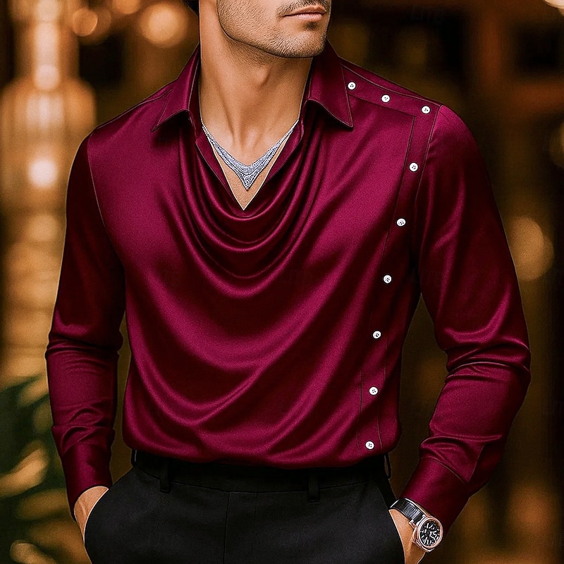 Men's Shirt Silk Like Satin Shirt Casual Shirt Plain Formal Wedding Black Wine Navy Blue Gold Long Sleeve Cowl Neck Spring &  Fall All Seasons Clothing Apparel Ruched4