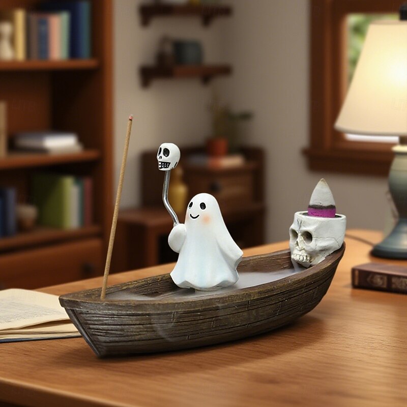 Halloween Resin Cute Ghost Decoration Ship Incense Burner, Backflow Incense Holder for Home Tabletop Decoration, Spooky Cute Ghost Decoration Ship Ornament