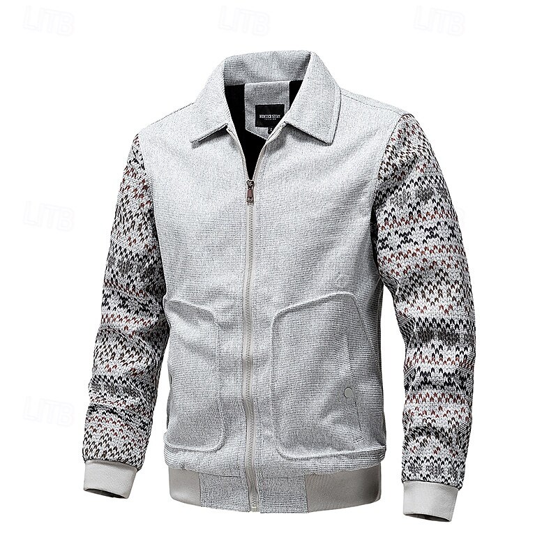 Men's Waffle Jacket Formal Home Pocket Ethnic Spring &  Fall Solid Color Patchwork Active Neutral Shirt Collar Regular Black Brown Khaki Gray Jacket4