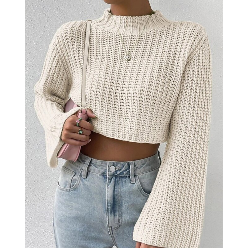 Women's Sweater Casual Solid Color Crochet Crew Neck Knitted Long Sleeve Regular Tops Knit Daily Holiday Going out Camel Green Winter3