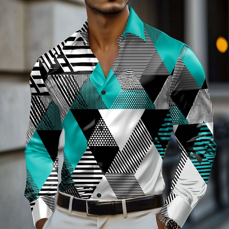 Men's Geometric Color Block Shirt Satin Shirt Dress Shirt Long Sleeve Fashion Casual Vacation Dailywear Summer Spring Fall Turndown 3D Print Button Up Shirts Red Blue Purple Green