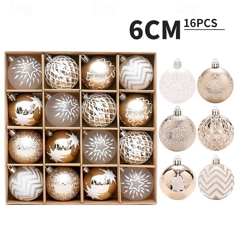16 pcs Christmas Tree Balls Baubles Ornaments, 6 cm/2.36 inch Xmas Decoration, Champagne Gold & White Hanging Set, Home Party Tree Decor