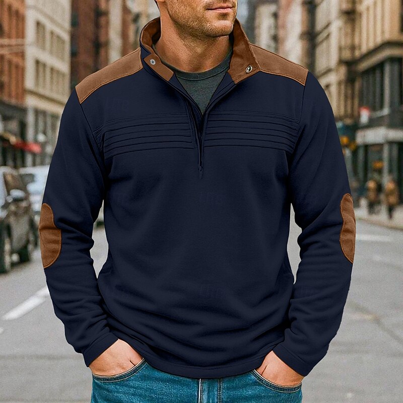 Men's Tee Top Long Sleeve Standing Collar Fall Spring &  Fall Color Block Fashion Designer Basic Patchwork Vacation Street Casual Black Navy Blue khaki Top Tee for Men3
