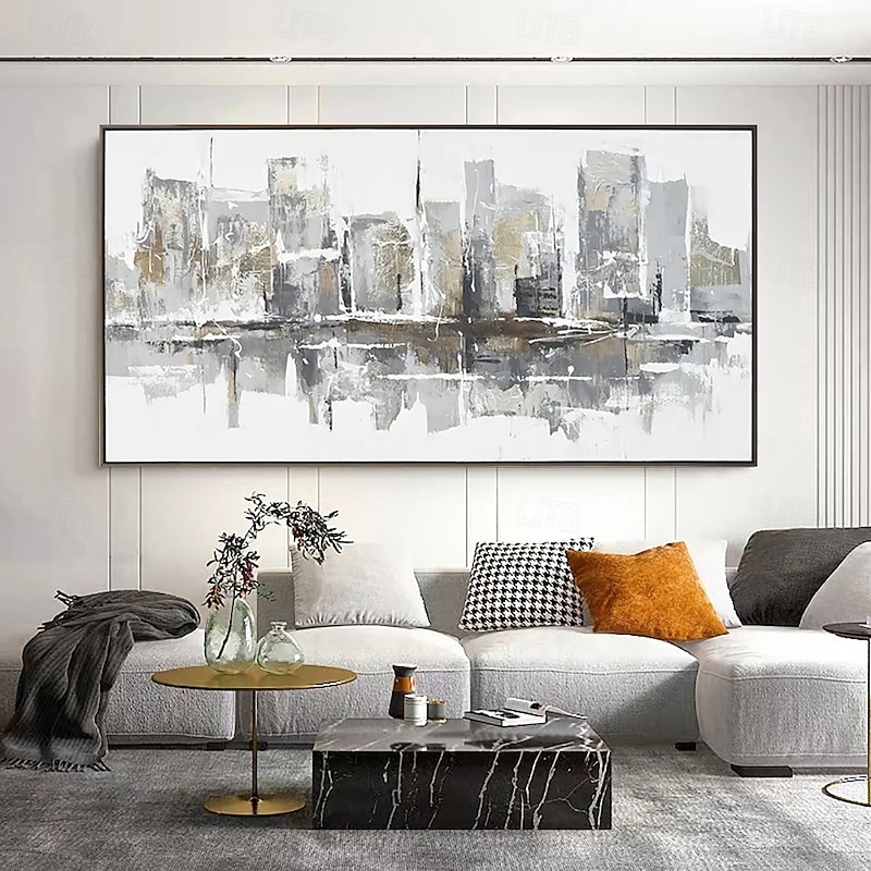 Handmade Oil Painting Canvas Wall Art Decoration Modern Grey Abstract Urban Architectural Landscape for Living Room Home Decor Rolled Frameless Unstretched Painting