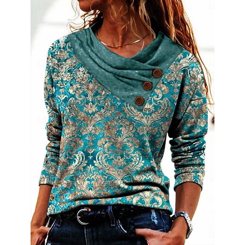 Women's T shirt Long Sleeve Graphic Geometric Plants Basic Long Sleeve Pile Neck V Neck Regular Tops Daily Sports Weekend Buttons Print Green Gray Spring Fall Winter Prefall