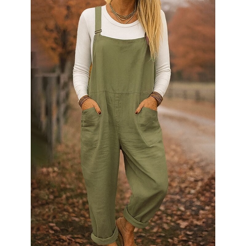 100% Cotton Women's Dungarees Lightweight Solid Color Sleeveless Sleeveless Straight Square Neck with Pocket Vacation Daily Loose Fit Army Green Red Blue Summer4