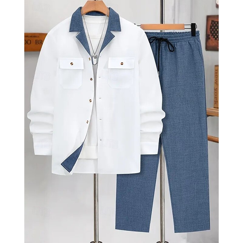 Men's Lightweight Jacket Casual Jacket Set Vacation Daily Breathable Pocket 2 Piece Spring Fall Color Block Fashion Classic Lapel Regular Black Blue Brown Khaki Jacket