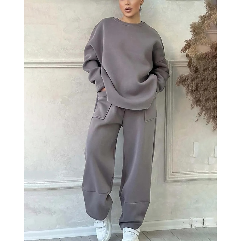 Women's Active Streetwear Blouse Pants Sets Long Sleeve Crew Neck Solid Color Going out Casual Daily Black Brown Green Fall Regular Fit2