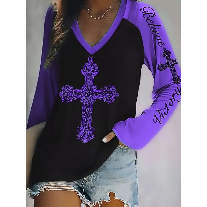 Women's T Shirt Graphic Letter Fashion Casual Long Sleeve V Neck Regular Tops Daily Weekend Print Red Blue Purple Fuchsia Green Summer Spring Fall3