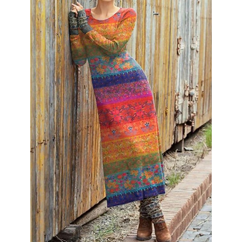 Women's Midi Dress Sheath Dress T Shirt Dress Tee Dress Casual Boho Daily Holiday Regular Fit Graphic Geometric Long Sleeve Crew Neck Red Burgundy Green Rainbow Fall Winter2