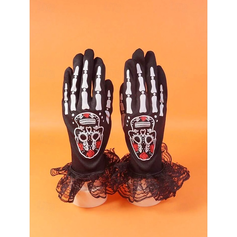 Women's Halloween Skeleton Gloves – Black Lace Cuff Sugar Skull Printed Costume Accessories for Party, Cosplay and Nightlife3
