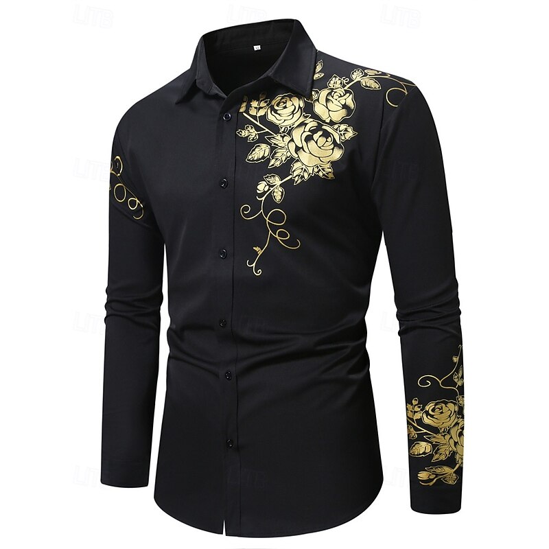 Men's Shirt Summer Shirt Casual Shirt Beach Shirt Button Up Shirt Black Long Sleeve Floral Lapel Vacation Hawaiian Bronzing Clothing Apparel Polyester Fashion Casual Comfortable3