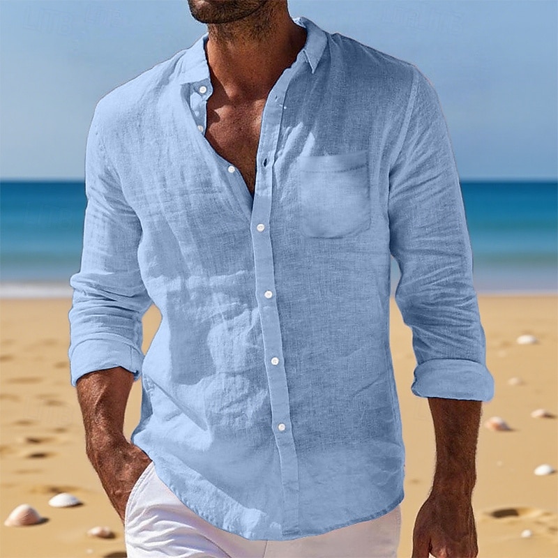 Men's Shirt Linen Shirt Summer Shirt Button Down Shirt Beach Shirt Untucked Shirts Plain Vacation Daily Wear Black White Light Green Pink Long Sleeve Turndown Summer Spring &  Fall Clothing Apparel3