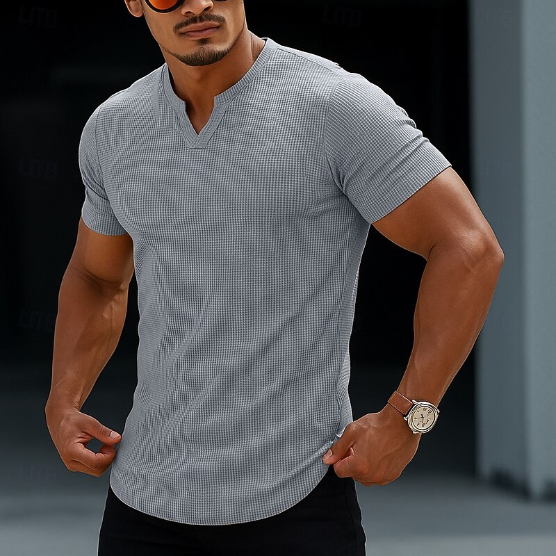 Men's Waffle Tee T Shirt Hoodie Tee Top Short Sleeve Short Sleeves V Neck Summer All Seasons Solid Color Textured Fashion Designer Sporty Basic Street Casual Going out Black Green Orange Top Tee for