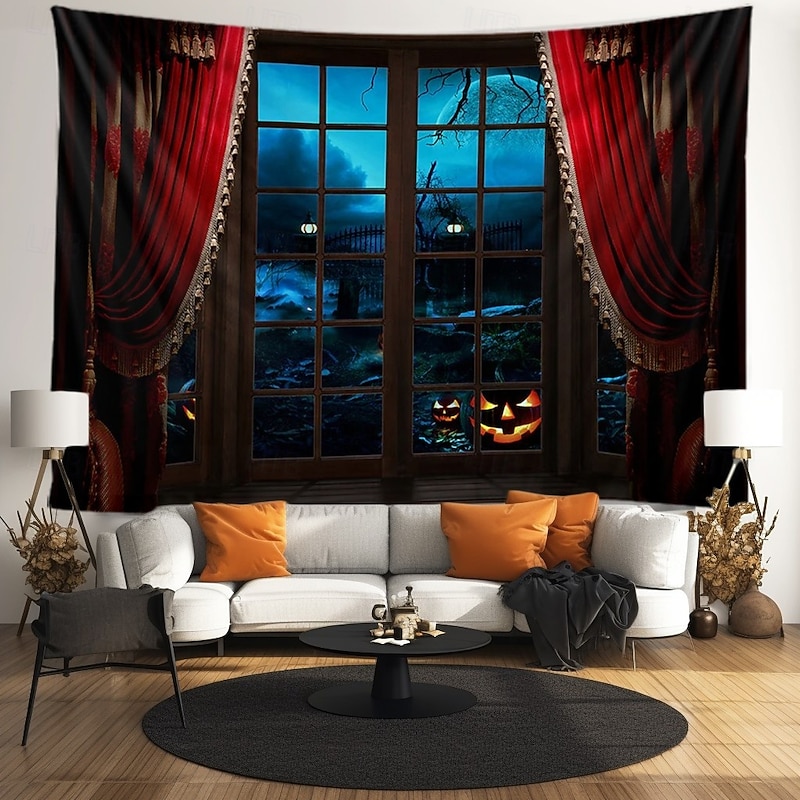 Halloween Window View WAall Tapestry Backdrop – Spooky Night Scene with Red Curtains, Jack-o'-Lanterns, Haunted Garden, Full Moon, Creepy Decor for Home Decoration, Party, Photography2