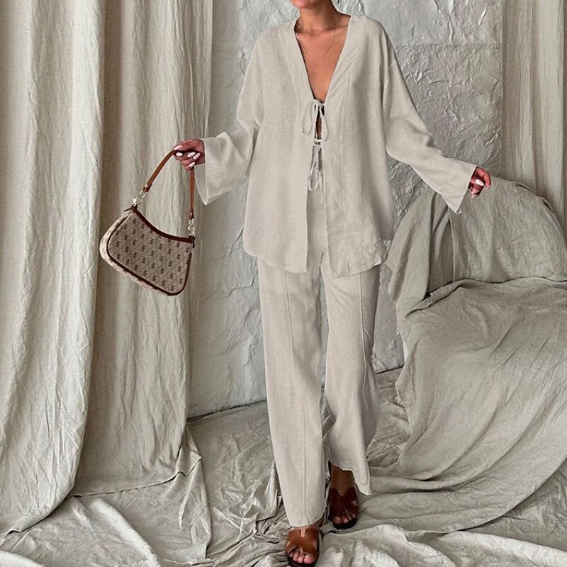 Women's Active Blouse Pants Sets Long Sleeve V Neck Solid Color Daily Wear Casual Daily Pink Khaki Fall Regular Fit