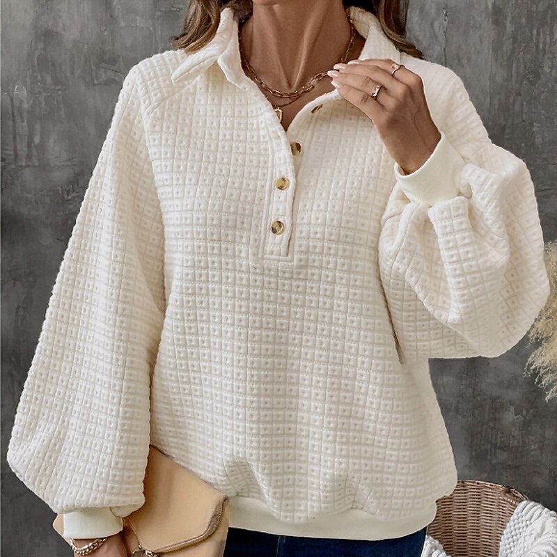 Women's Texture Sweatshirt Waffle Sweatshirt  Pullover Sweatshirt Sweatshirts Plain Streetwear Casual Long Sleeve V Neck Regular Tops Street Going out Buttons Beige Fall3