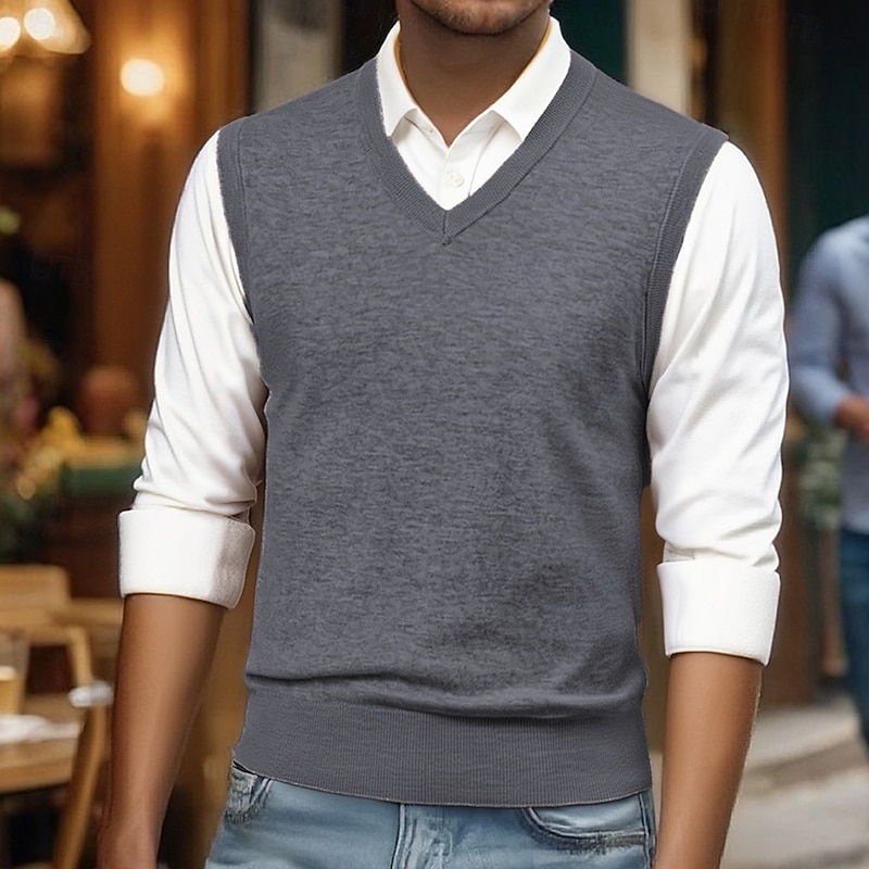 Men's Sweater Vest Dress Sweater Pullover Sweater Jumper Vest Knit Sweater Ribbed Knit Regular Tops Knitted Plain V Neck Fashion Casual Vacation Daily Wear Clothing Apparel Spring Fall Camel Black S2