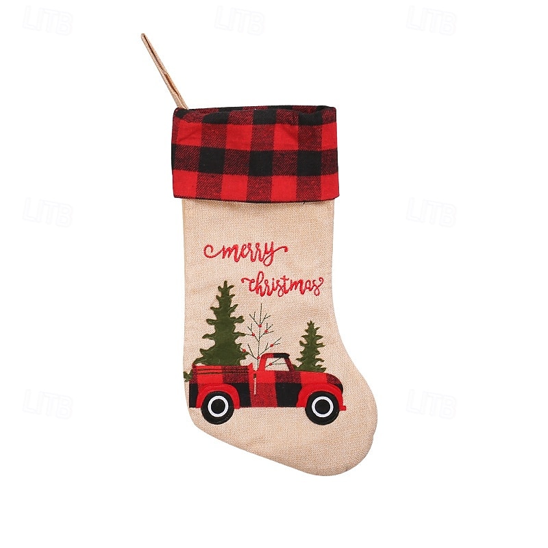 1 PC Christmas Stocking Red Black Plaid Car Christmas Tree Gift Bag Candy Sock Holiday Decoration for Home Fireplace Party Winter Festival Present Storage4