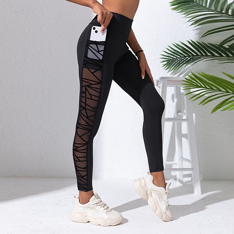 Women's Compression Pants Yoga Leggings with Pockets Tummy Control High Waist Gym Athletic Running Bottoms Solid Color Black Fall Sports Activewear