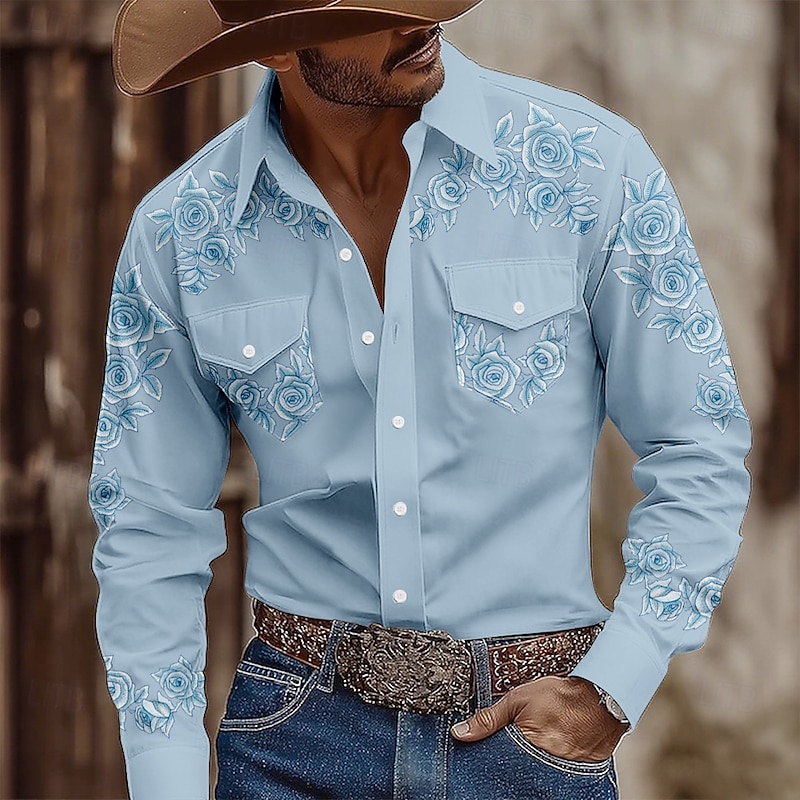 Men's Floral Print Flowers Shirt Western Shirt Cowboy Shirt Long Sleeve Vintage Retro Outdoor Casual WorkWear Spring Fall Turndown Front Two Pockets Button Up Shirts Pink Blue Green Khaki2