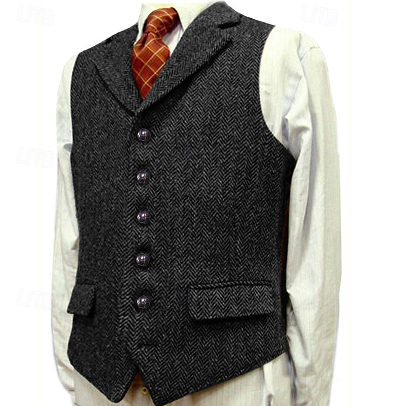 Men's Vest Waistcoat Gilet Vacation Party Business Fashion Casual Spring Fall Pocket Buttons Polyester Comfortable Plain Single Breasted One-button Lapel Regular Fit Black Green Khaki Light Grey Vest3