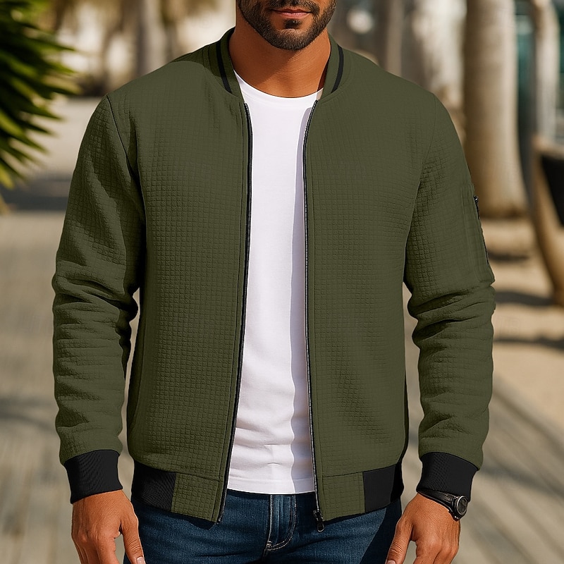 Men's Waffle Jacket Bomber Jacket Home Work Pocket Minimalist Fall All Seasons Solid Color Active Daily Stand Collar Regular Dark Gray Black Burgundy Navy Blue Green Jacket