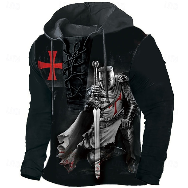 Men's Knights Templar Cross Hoodie Hoodies Sweatshirt Streetwear Designer Long Sleeve Hooded Party Causal Black Blue Lace up Print Spring &  Fall Designer3