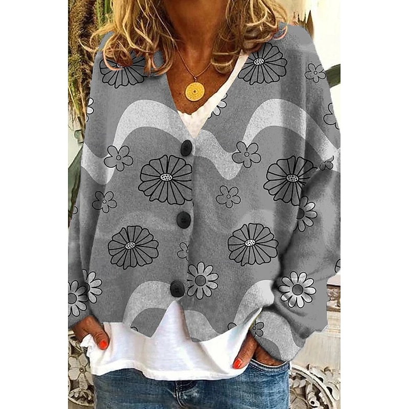 Women's Cardigan Sweater Knitted Ribbed Button Front V Neck Long Sleeve Lightweight Elegant Streetwear Graphic Geometric Buttons Print Tops Knit Outdoor Daily Weekend Navy Blue Blue Spring Fall2