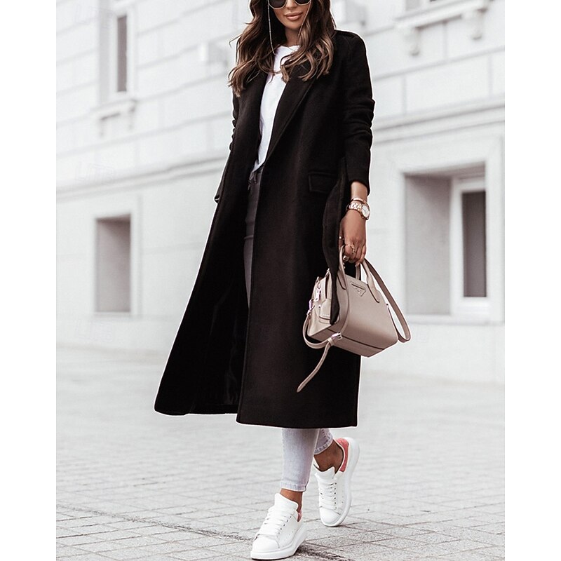 Women's Coat Trench Coat Warm Comfortable Pocket Fashion Modern Casual Plain Going out Weekend Single Breasted Long Turndown Regular Fit Long Sleeve Outerwear Black White Khaki Winter4