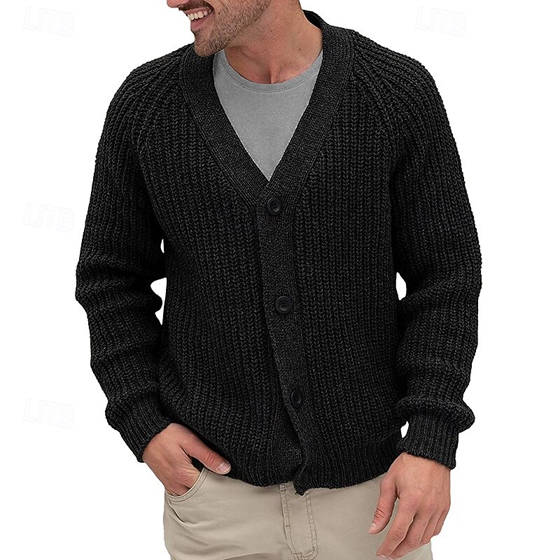 Men's Cardigan Sweater Cropped  Sweater Knit Sweater Ribbed Knit Regular Tops Button Up Plain V Neck Fashion Classic Vacation Daily Wear Clothing Apparel Fall Winter Black Navy Blue M L XL3
