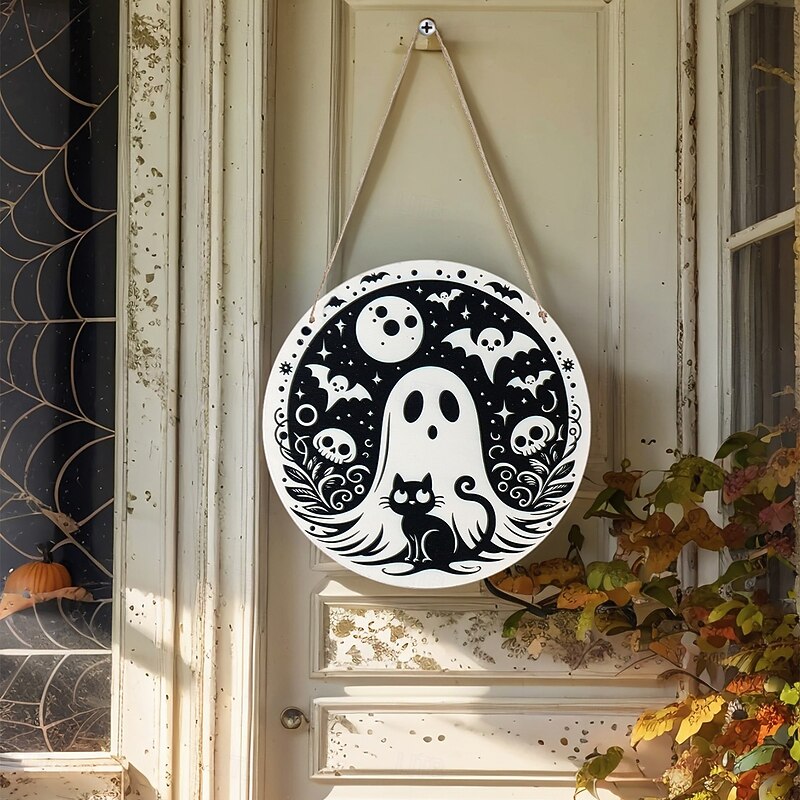 Halloween Round Wooden Door Sign – Black & White Ghost, Bat, Skull Decorative Hanging Plaque, Perfect for Indoor Walls, Doorways, Windows, and Day of the Dead Decor3