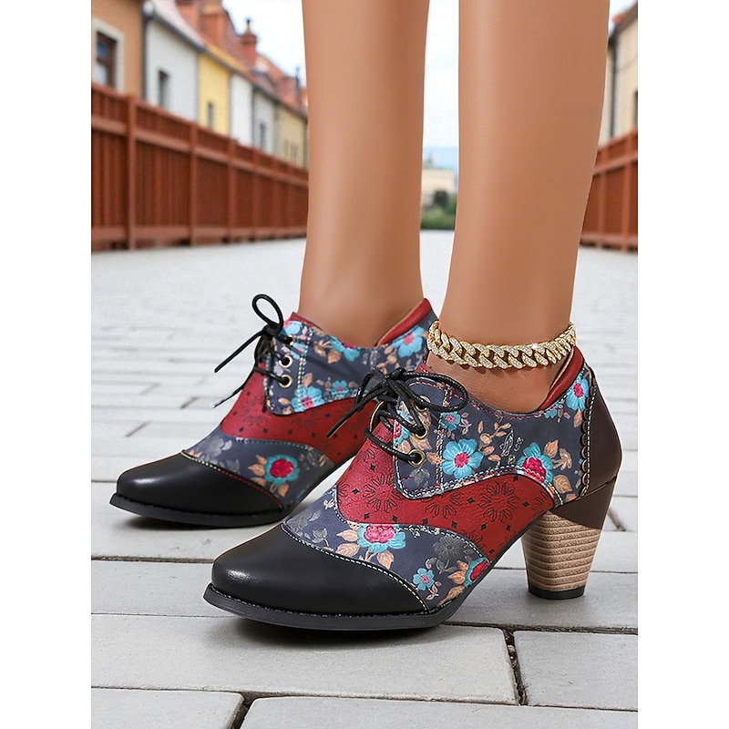 Women's Vintage Floral Lace-Up Oxford Shoes – Multi-Color Faux Leather and Fabric Patchwork Chunky Heel Oxfords with Round Toe, Retro Victorian Style for Casual Wear, Parties, and Fall Winter Outfits2