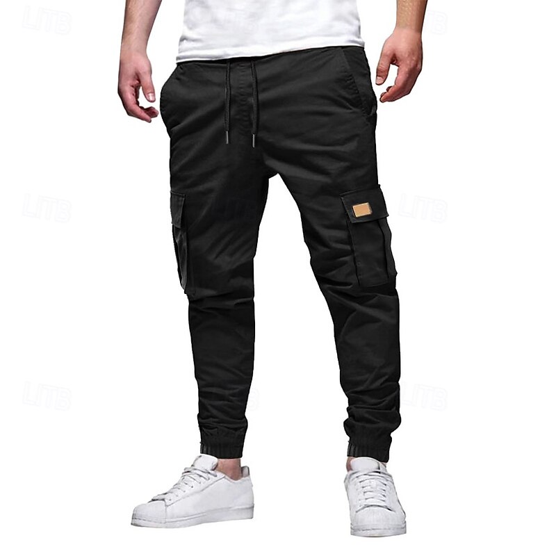 Men's Cargo Pants Cargo Trousers Joggers Trousers Casual Pants Drawstring Multi Pocket Elastic Cuff Plain Full Length Sports Outdoor Running Streetwear Ethnic Style Black Navy Blue Inelastic2