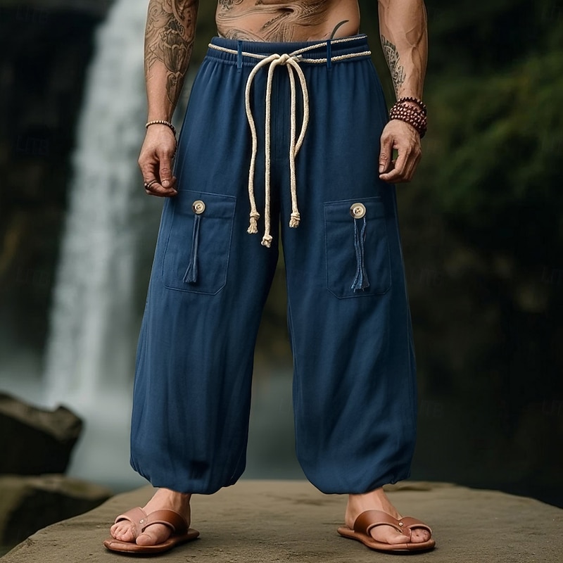 Men's Linen Pants Trousers Summer Pants Baggy Pants Drawstring Elastic Waist Wide Leg Plain Comfort Breathable Full Length Outdoor Yoga Casual Vacation Fashion Navy Blue Micro-elastic