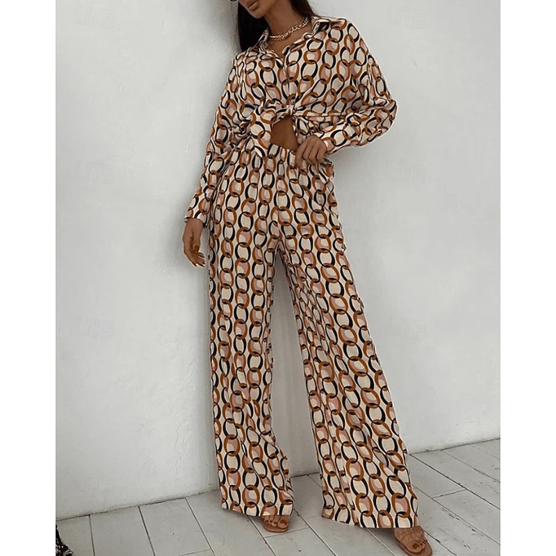 Women's Active Fashion Shirt Blouse Pants Sets Long Sleeve Shirt Collar Floral Print Vacation Going out Brown Fall Regular Fit3