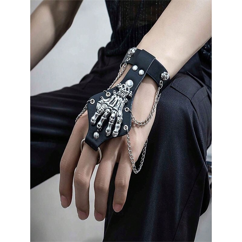 Men's Gothic Skull Hand Bracelet and Ring Set – Punk Style with Faux Leather, Alloy Chains, and Skull Detailing, Perfect for Halloween and Costume Parties - Main Image