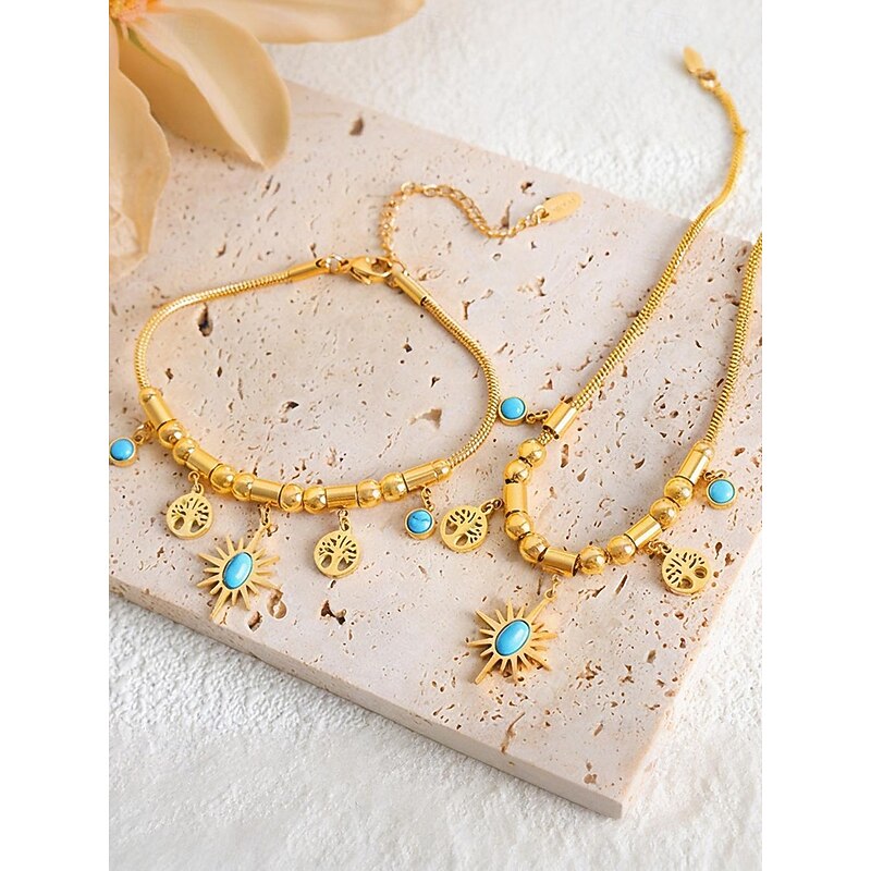 Women's Gold Alloy Necklace and Bracelet Set with Turquoise Sun and Tree Charms – Boho Chic Jewelry for Parties, Holidays and Casual Wear4