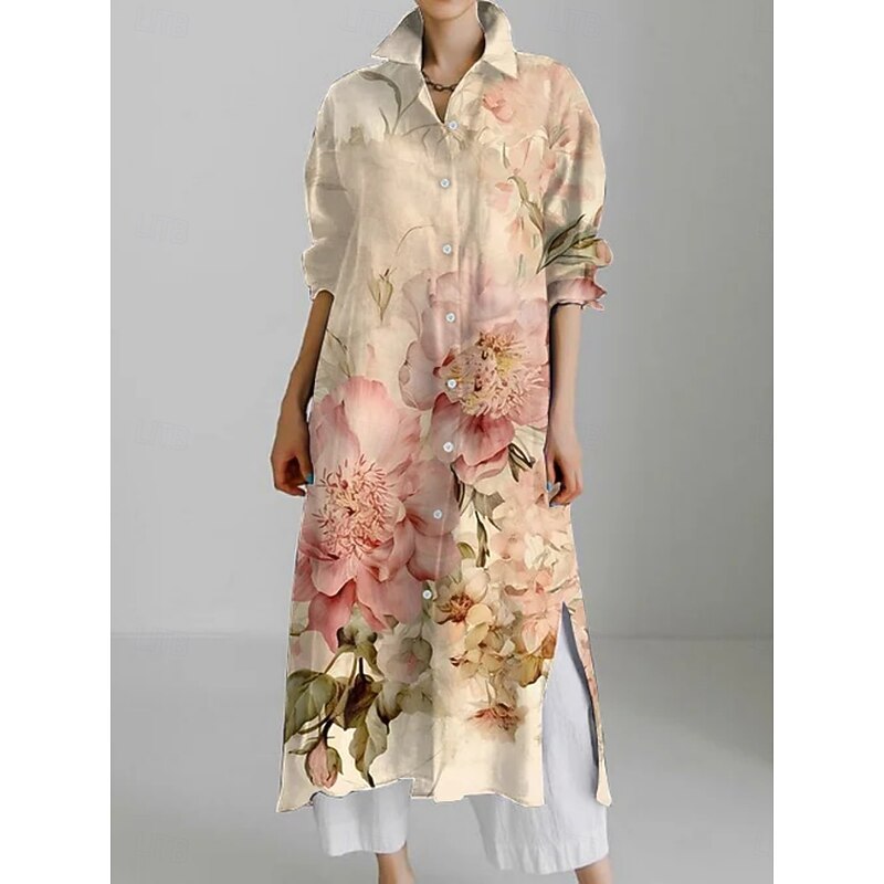 Women's Midi Dress Shirt Dress Casual Dress Fashion Modern Daily Holiday Weekend Regular Fit Floral 3/4 Length Sleeve Shirt Collar Pink Khaki Summer Spring Fall3