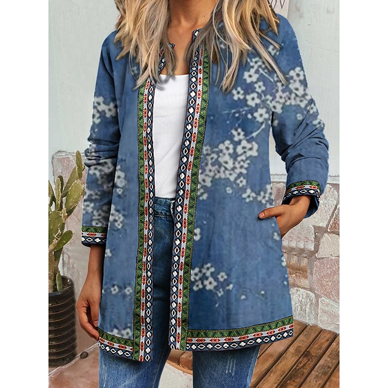 Women's Casual Jacket Windproof Warm Pocket Color Block Open Front with Pockets Vintage Modern Floral Casual Daily Casual Daily Regular Crewneck Regular Fit Long Sleeve Outerwear Black Blue Green Fall2