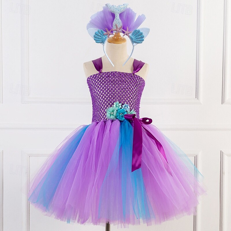 Little Mermaid Mermaid Tail Ariel Aqua Princess Flower Girl Dress Theme Party Costume Tulle Dresses Girls' Movie Cosplay Halloween Pink Blue Fuchsia Dress Carnival Masquerade World Book Day Costumes