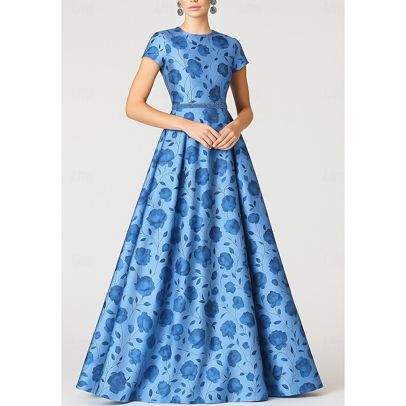 Blue A-Line Evening Gown Elegant Dress Formal Wedding Floor Length Short Sleeve Crew Neck Pocket Satin with Floral Print 20254