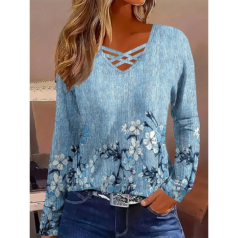 Women's T Shirt Ombre Floral Graphic Vintage Stylish Classic Long Sleeve V Neck Regular Tops Daily Tassel Tie Print Blue Spring Fall Winter