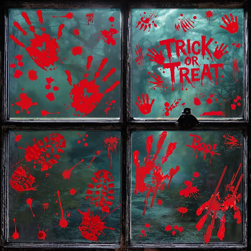 8 Sheets Halloween Window Cling Wall Sticker Decals Decorations, Bloody Footprints & Hands, Creepy Horror Glass Stickers, Double-Sided, Halloween Party Home Decor3