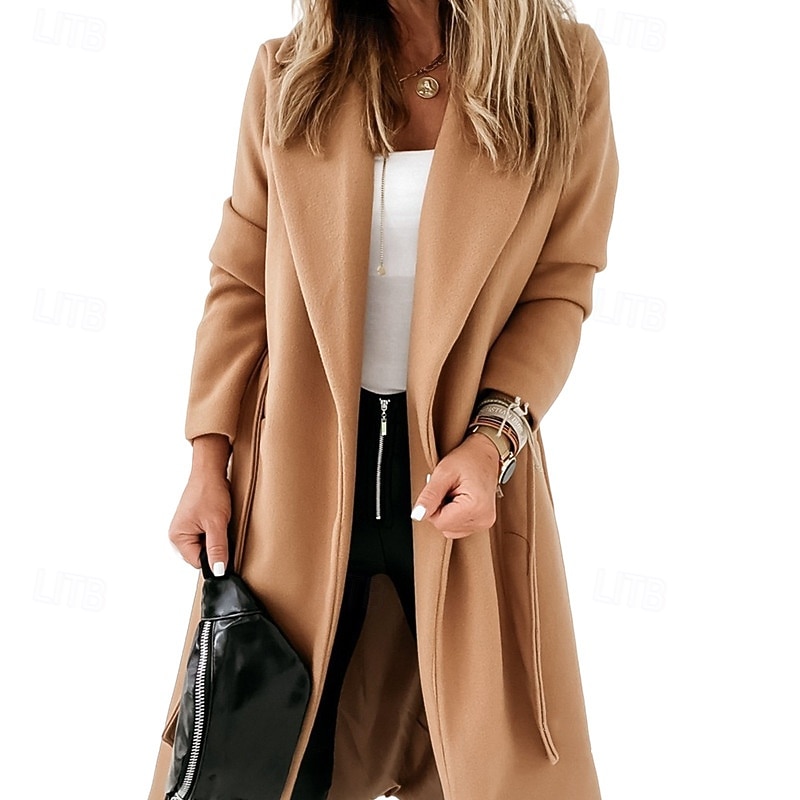 Women's Coat Warm Comfortable Pocket Fashion Plain Outdoor Weekend Single Breasted Long Turndown Regular Fit Long Sleeve Outerwear Khaki Fall Winter2