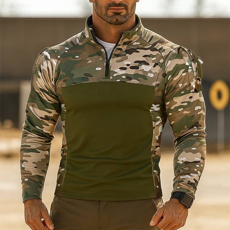 Men's Sweatshirt Quarter Zip Sweatshirt Tactical Hoodie Camo Hoodie Black Army Green Light Grey Hooded Plain Camouflage Patchwork Zipper Sports & Outdoor Casual Daily Streetwear Cool Sportswear
