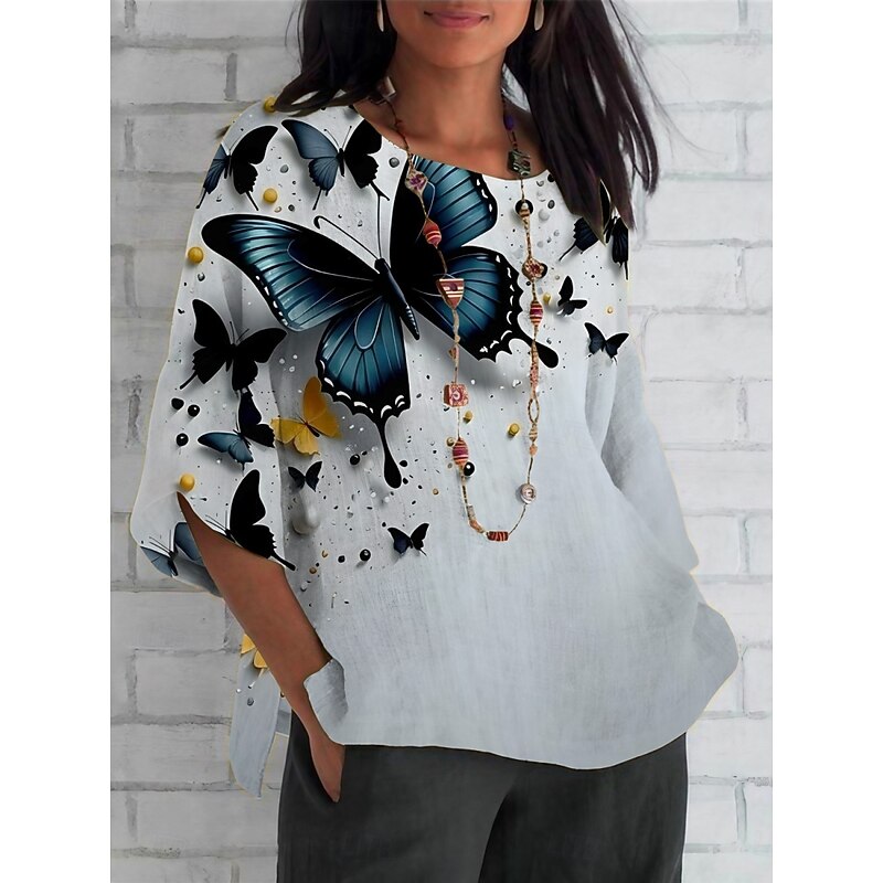 Women's Shirt Butterfly Active Daily Stylish Long Sleeve Shirt Collar Regular Tops Daily Holiday Buttons Print Gray Summer Spring Fall