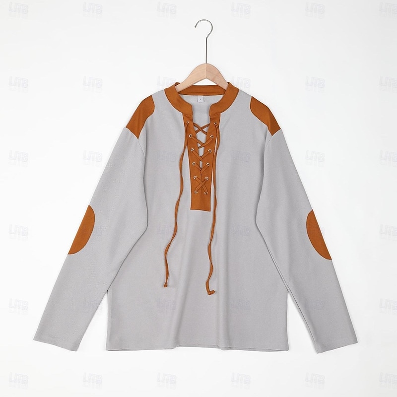 Men's Waffle Shirt T Shirt Tee Top Long Sleeve Shirt Long Sleeve Collar Spring &  Fall All Seasons Color Block Vintage Designer Basic Lace up Patchwork Vacation Street Casual Black Blue khaki Top Tee2